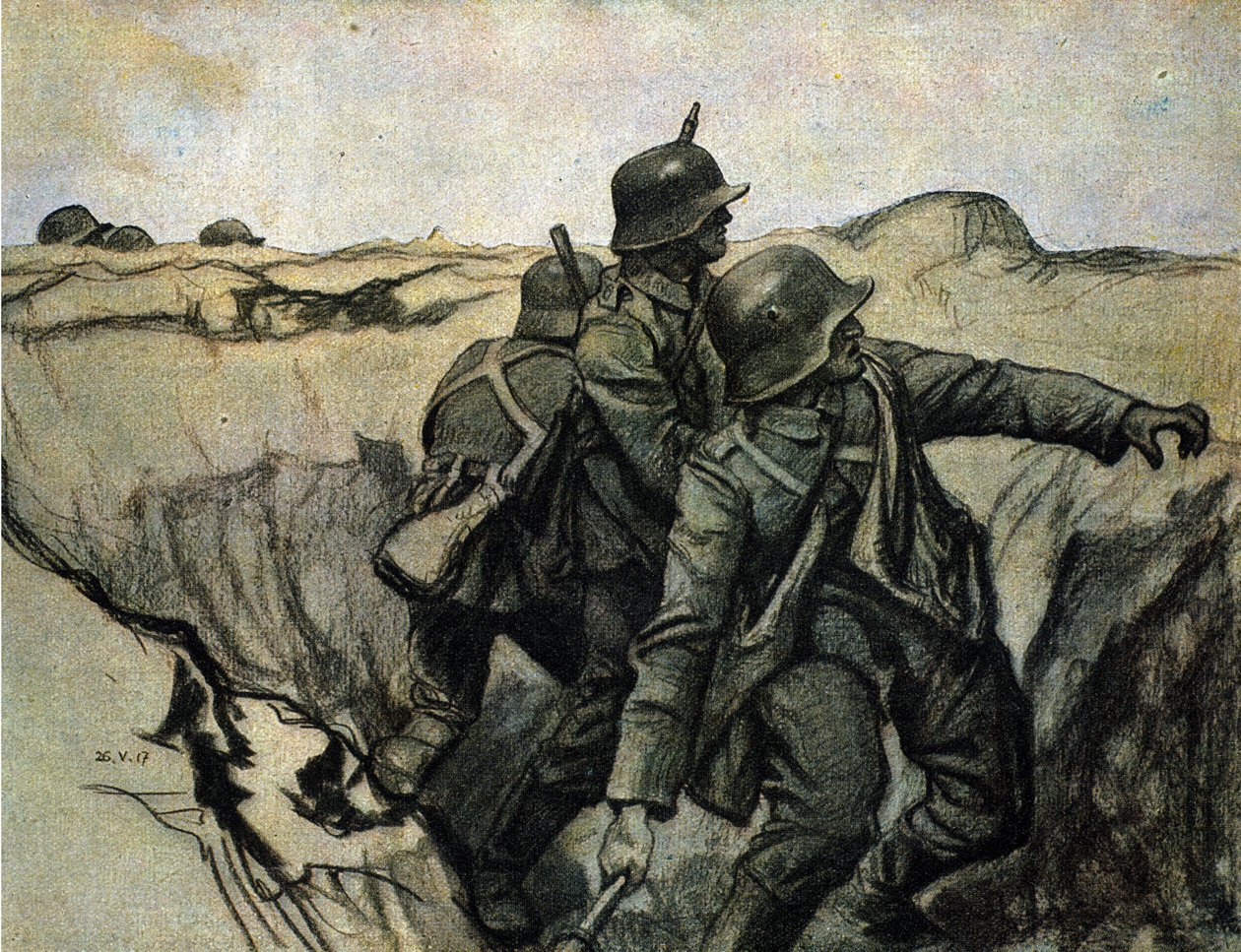 Soldats allemands lançant des grenades sur les troupes ennemies depuis les tranchées. 26/5/1917. - Unknown Artist