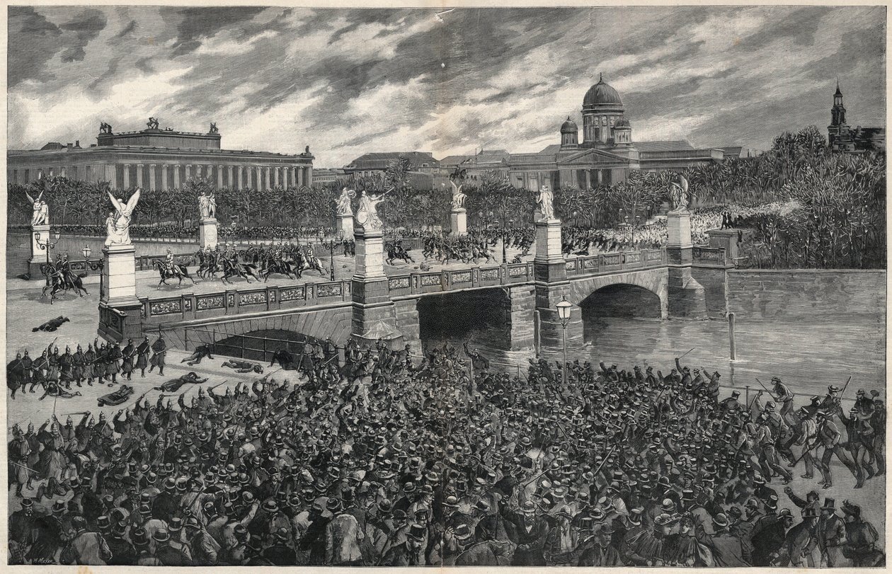 Les ouvriers allemands, émeutiers à Berlin, sont dispersés par la police pour permettre le passage du Kaiser Wilhelm - Unknown artist