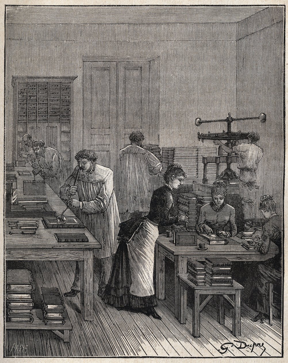 Dorure des livres (couvertures) au fer dans un atelier en France au XIXe siècle. Gravure de 1885 dans « Les arts et métiers illustrés » par Adolphe Bitard - Unknown artist