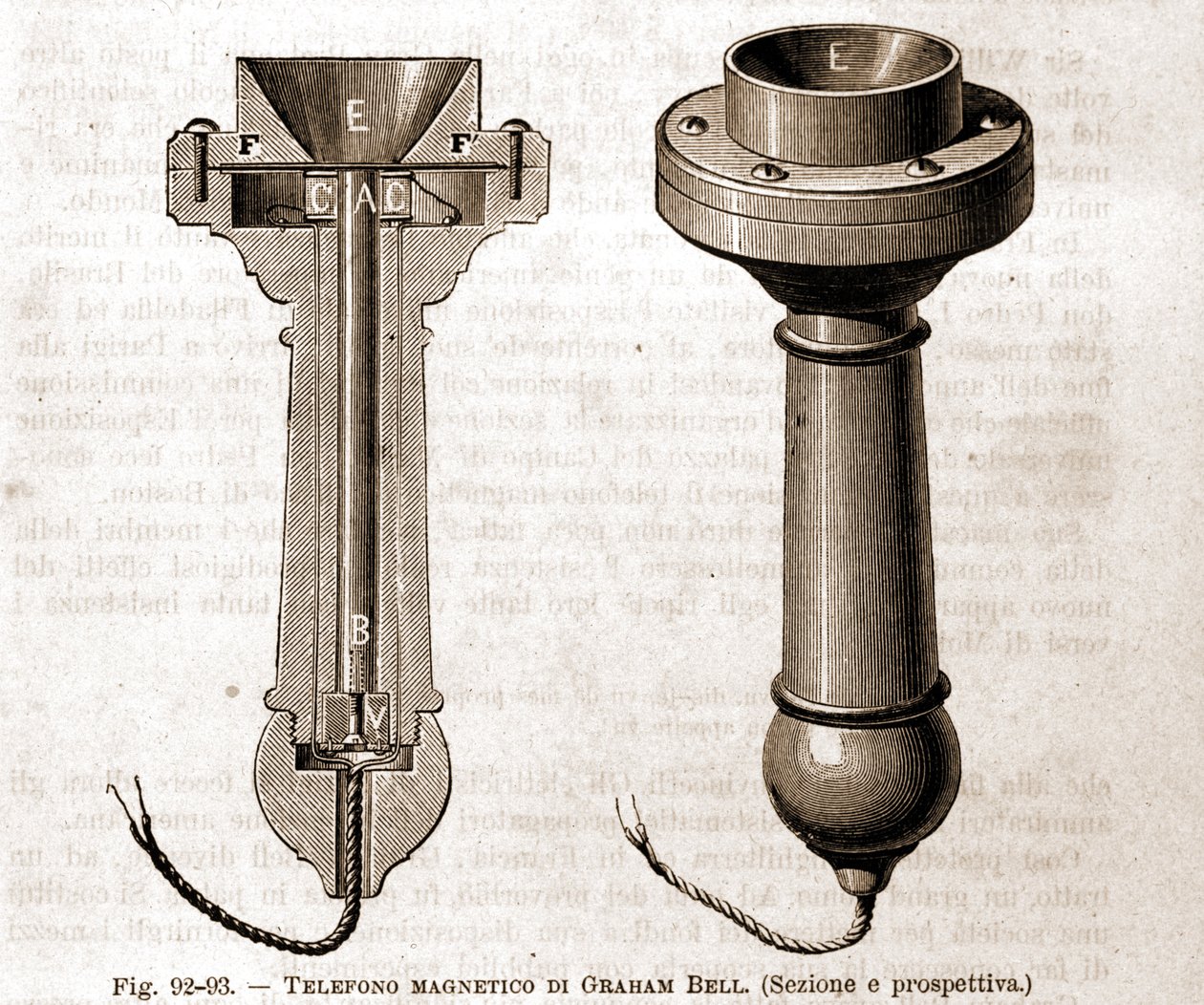 Coupe du téléphone magnétique de Graham Bell. Gravure du 19ème siècle. - Unknown artist
