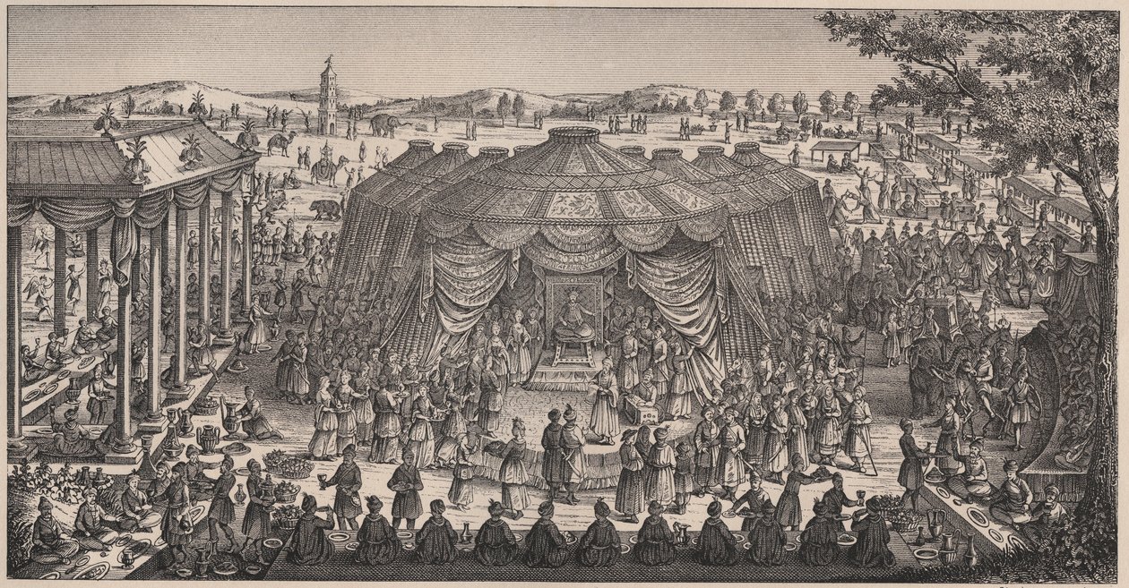 Grand Banquet donné par Tamerlan (1336-1405) dans la plaine de Khani Gheul pour célébrer le mariage de ses petits-enfants - Gravure du 19ème siècle - Unknown artist