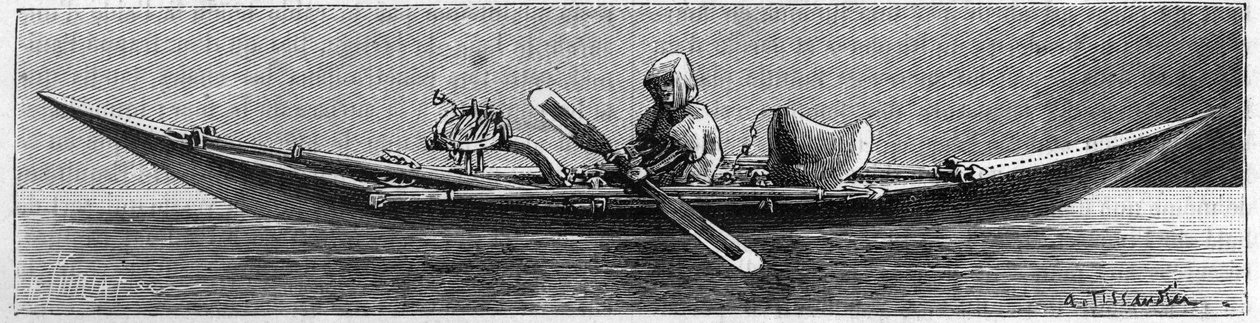 Exposition du Groenland à la Société de Géographie, Paris : Modèle de kayak fabriqué par des Esquimaux. Gravure dans «La Nature : revue des sciences et de leurs applications aux arts et à l
