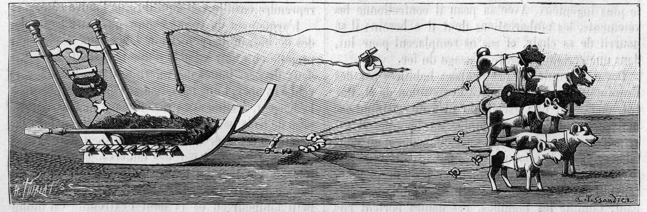 Exposition du Groenland à la Société de Géographie, Paris : modèle de traîneau fabriqué par les Esquimaux. Gravure dans « La Nature : revue des sciences et de leurs applications aux arts et à l