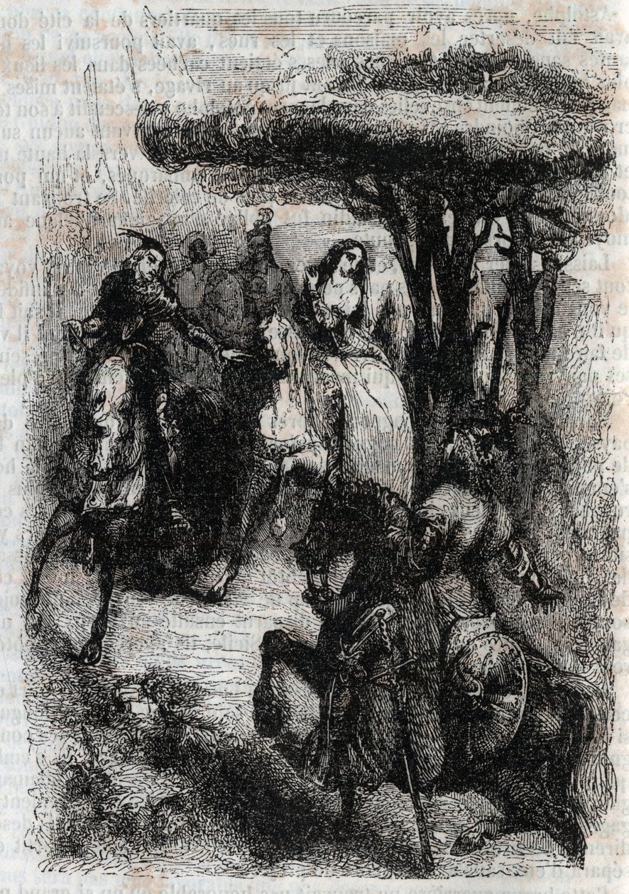 Griffon rencontre Origille - gravure de 1851 de "Roland furieux" (Orlando furioso) (16ème siècle) par Ludovico Ariosto, dit l