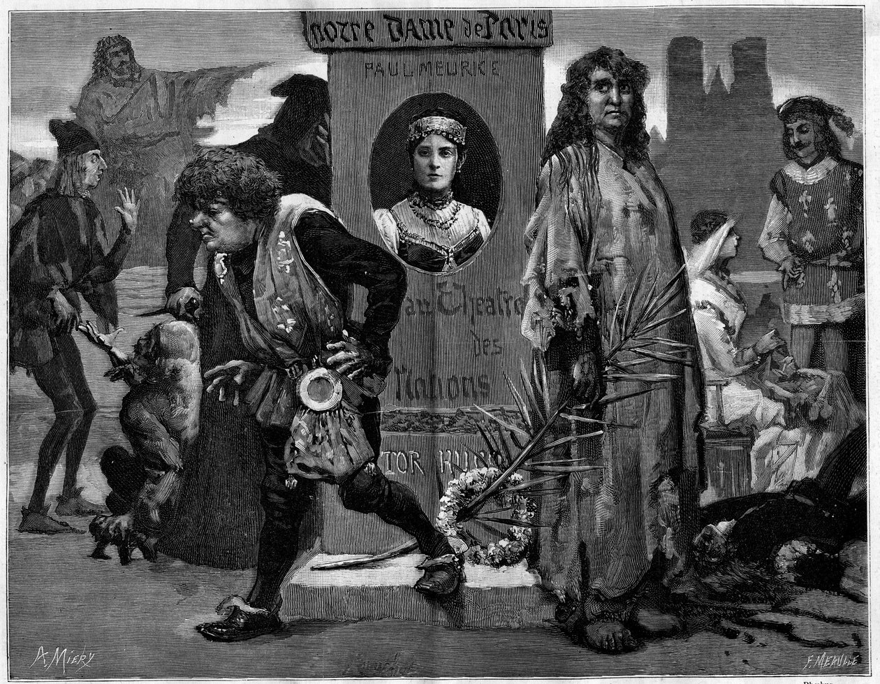 Gringoire, Quasimodo, La Esmeralda, La Sachette et Phoebus. Personnages principaux de la pièce de théâtre « Notre Dame de Paris », drame de Paul Meurice (1912-1979) par Victor Hugo (1802-1885) représenté au Théâtre des Nations. Gravure dans « Le Monde illu - Unknown artist