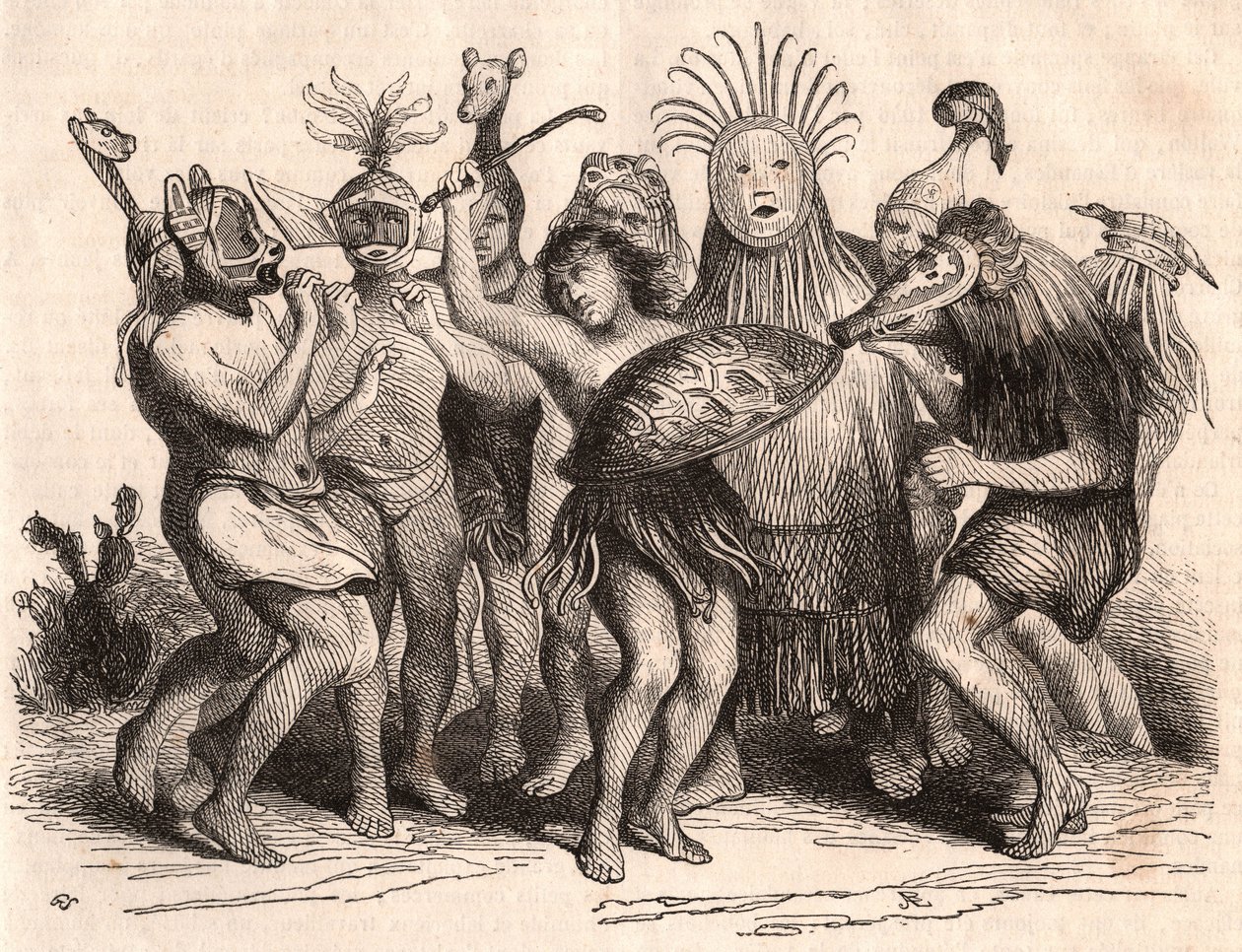 Groupe de sauvages brésiliens dansant avec des costumes, des masques et des coiffes traditionnelles - Unknown
