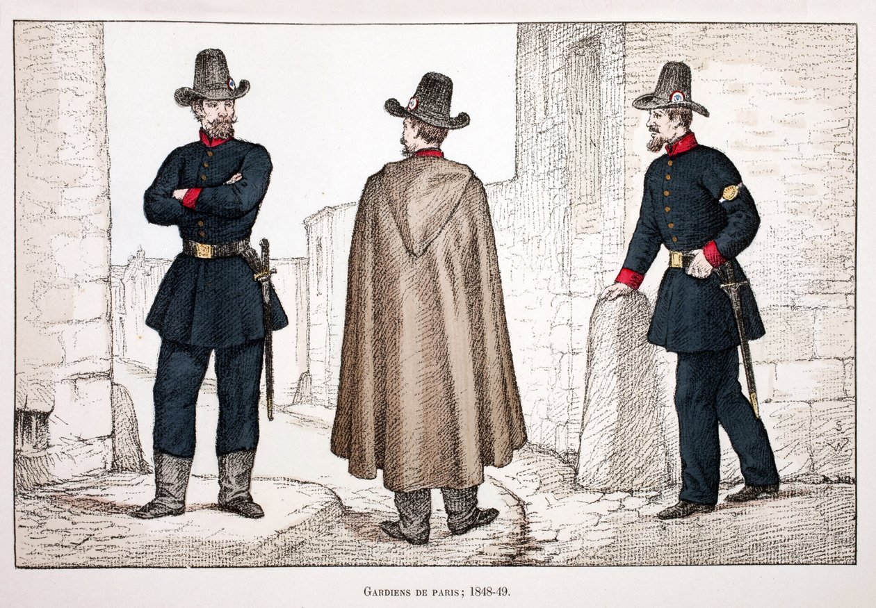 Gardiens de la paix (1848-1849). Eau-forte en couleurs, pour illustration « Histoire du corps des gardiens de la paix » livre publié sous les auspices de Louis Lépine (1846-1933) préfet de police de la Seine, par Alfred Rey (1864-?) et Louis Féron - Unknown artist