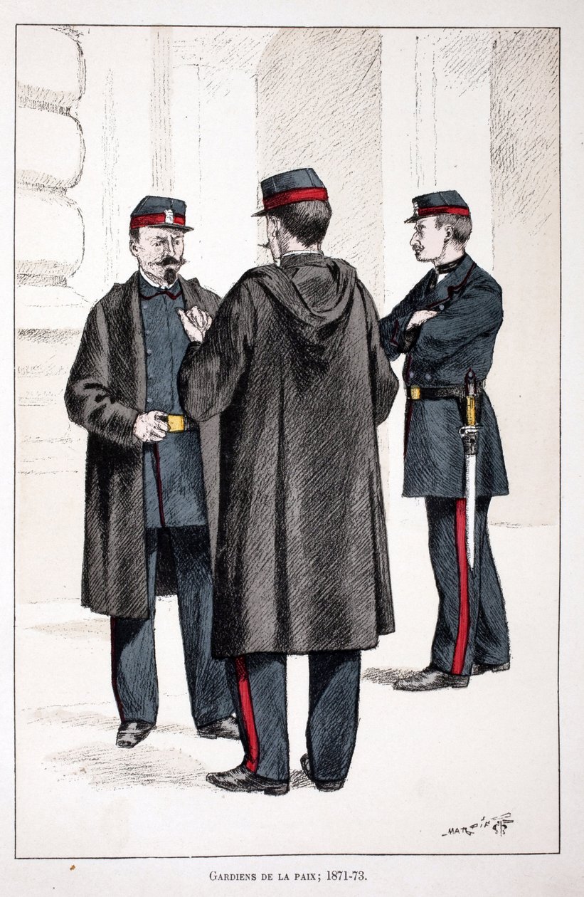 Gardiens de la paix (1871-1873). Eau-forte en couleurs, pour illustrer Histoire du corps des gardiens de la paix, livre publié sous les auspices de Louis Lépine (1846-1933) préfet de police de la Seine, par Alfred Rey (1864-?) et Louis Feron - Unknown artist