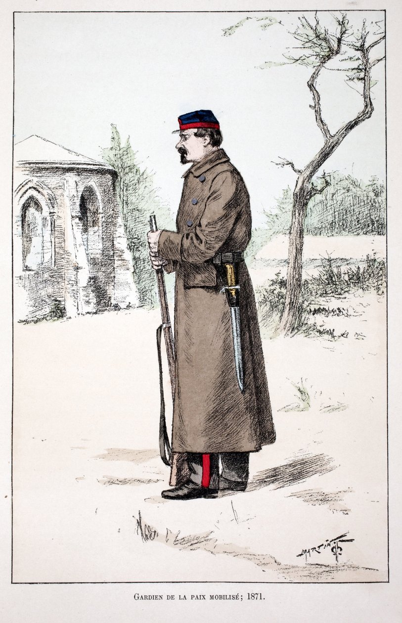 Gardiens de la paix mobilisés (1871). Eau-forte en couleurs, pour illustration "Histoire du corps des gardiens de la paix" livre publié sous les auspices de Louis Lépine (1846-1933) préfet de police de la Seine, par Alfred Rey (1864-?) et Louis Féron (1862 - Unknown artist