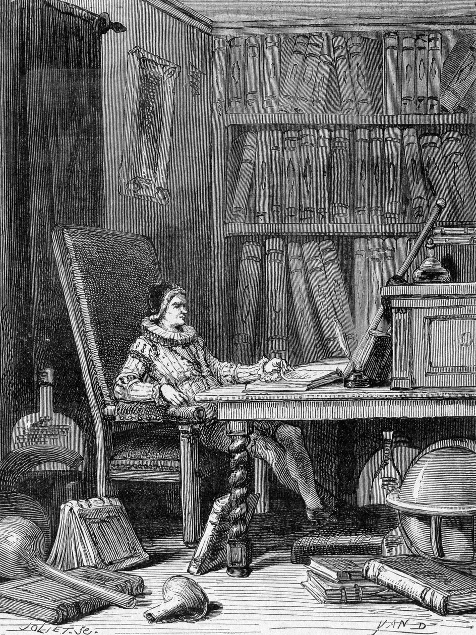 Guillaume Gilbert (1540-1603) écrivant son traité « De arte magnetica » vers 1600. Gravure du 19e siècle - Unknown artist