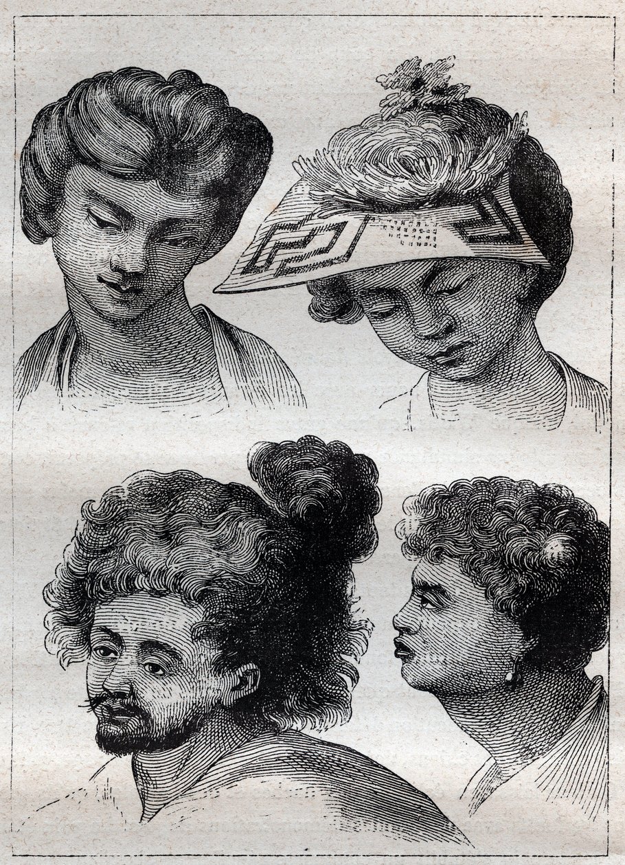 Coiffures des habitants de Tahiti - illustration tirée de « Les grands marins du 18ème siècle » - Unknown artist