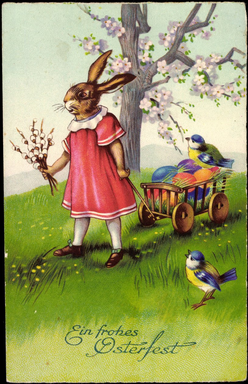 Joyeuses Pâques, le lapin de Pâques tire des chariots, œufs de Pâques, moineaux - Unknown Artist