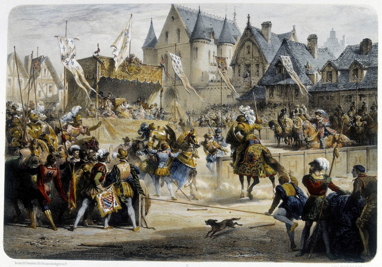 Henri II (1519 - 1559) blessé mortellement par Montgomery lors du tournoi du 29 juin 1559, rue St Antoine, devant le Palais des Tournelles - Unknown artist