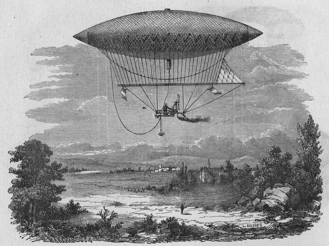 Henry Giffard teste un aérostat à vapeur de 44 mètres de long. Dans "Album de la Science", Éditions Jouvet. - Unknown artist