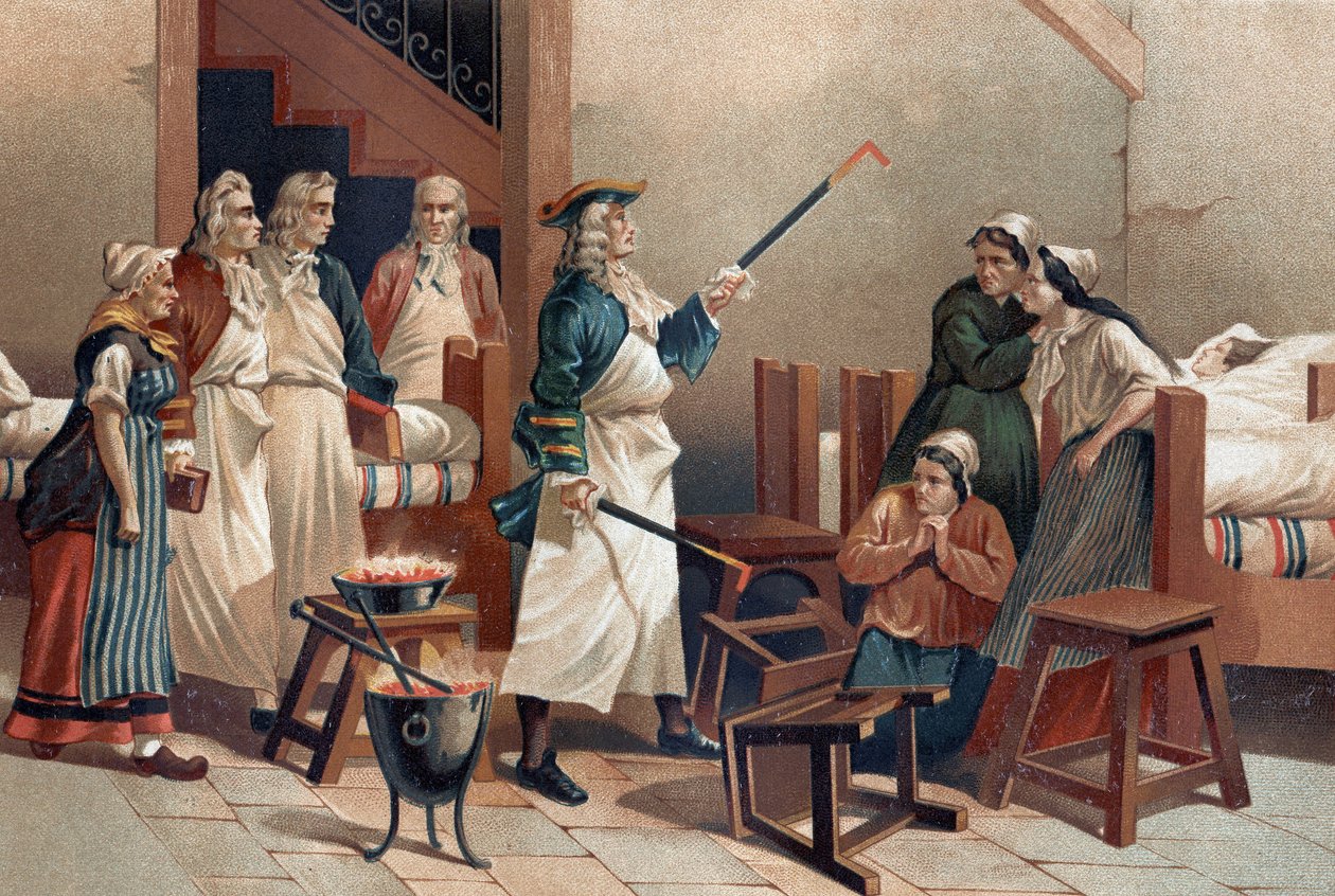 Hermann Leyde Boerhaave (1688-1738), médecin néerlandais avec ses étudiants devant les femmes hystériques de l