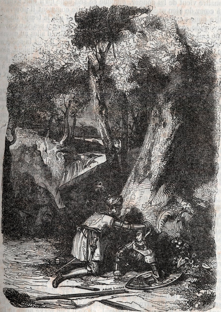 Hermonides renversé et secouru par Zerbin - gravure de 1851 de "Roland furieux" (Orlando furioso) (16ème siècle) par Ludovico Ariosto, dit l