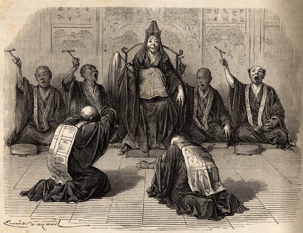 Grand prêtre bouddhiste adoré, entouré de ses disciples rythmant le rituel avec gong et cymbales. Gravure pour illustrer le voyage au Japon en 1863-1864, par Aimé Humbert, ministre de la Confédération suisse, dans « Le tour du monde, nouveau journal des vo - Unknown artist