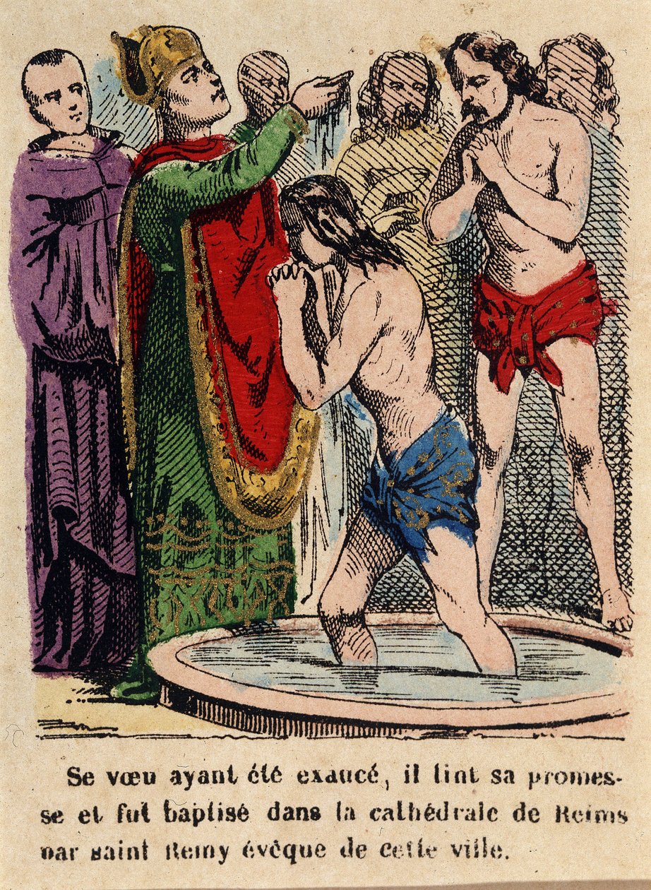 Son vœu avait été accompli, Clovis fut baptisé dans la cathédrale de Reims par Saint Rémi, évêque de la ville - Unknown artist
