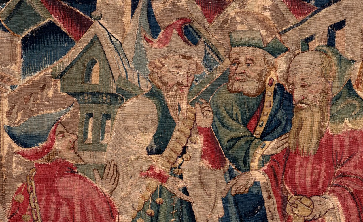Histoire de Saint Piat et Saint Éleuthère, Scène 14 : La peste ravage la ville de Tournai (Tribuns voit sa fille retraire des chrétiens et elle atraire à sa loi dont la mort soudaine en fut bientôt aux païens prochaine). (détail) - Unknown artist