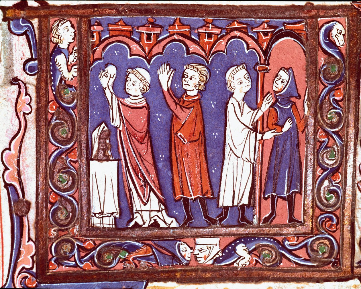 Histoire du droit canonique : scène de communion (gauche) et excommunication (droite) Miniature des Décrétales de Giovanni d