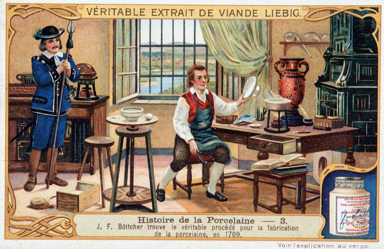 Histoire de la porcelaine : Johann Friedrich Böttger (Böttcher ou Böttiger) (1682-1719) découvre la véritable méthode de fabrication de la porcelaine en 1709 - Chromolithographie Liebig - Unknown artist