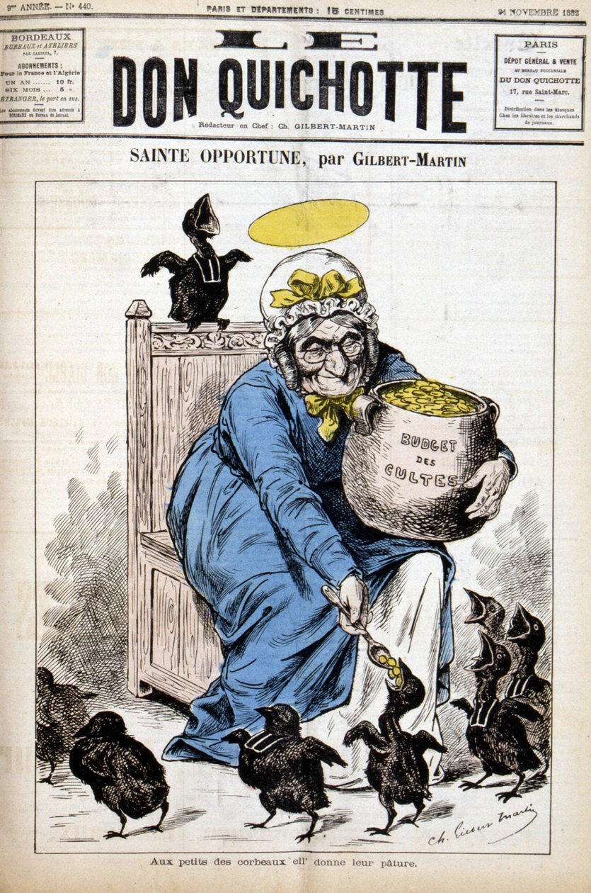 Sainte Opportune et le budget des cultes : aux petits corbeaux elle donne leur pâture - dans « Le Don Quichotte » du 24/11/1882 - Unknown artist