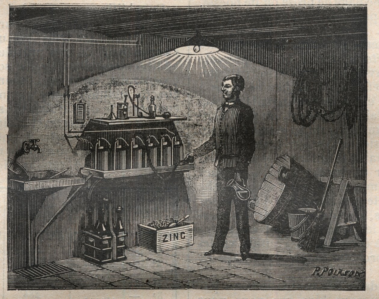 Électricité domestique : Installation de la batterie inventée par Radiguet dans une cave - Gravure dans « La Science française » - Unknown artist