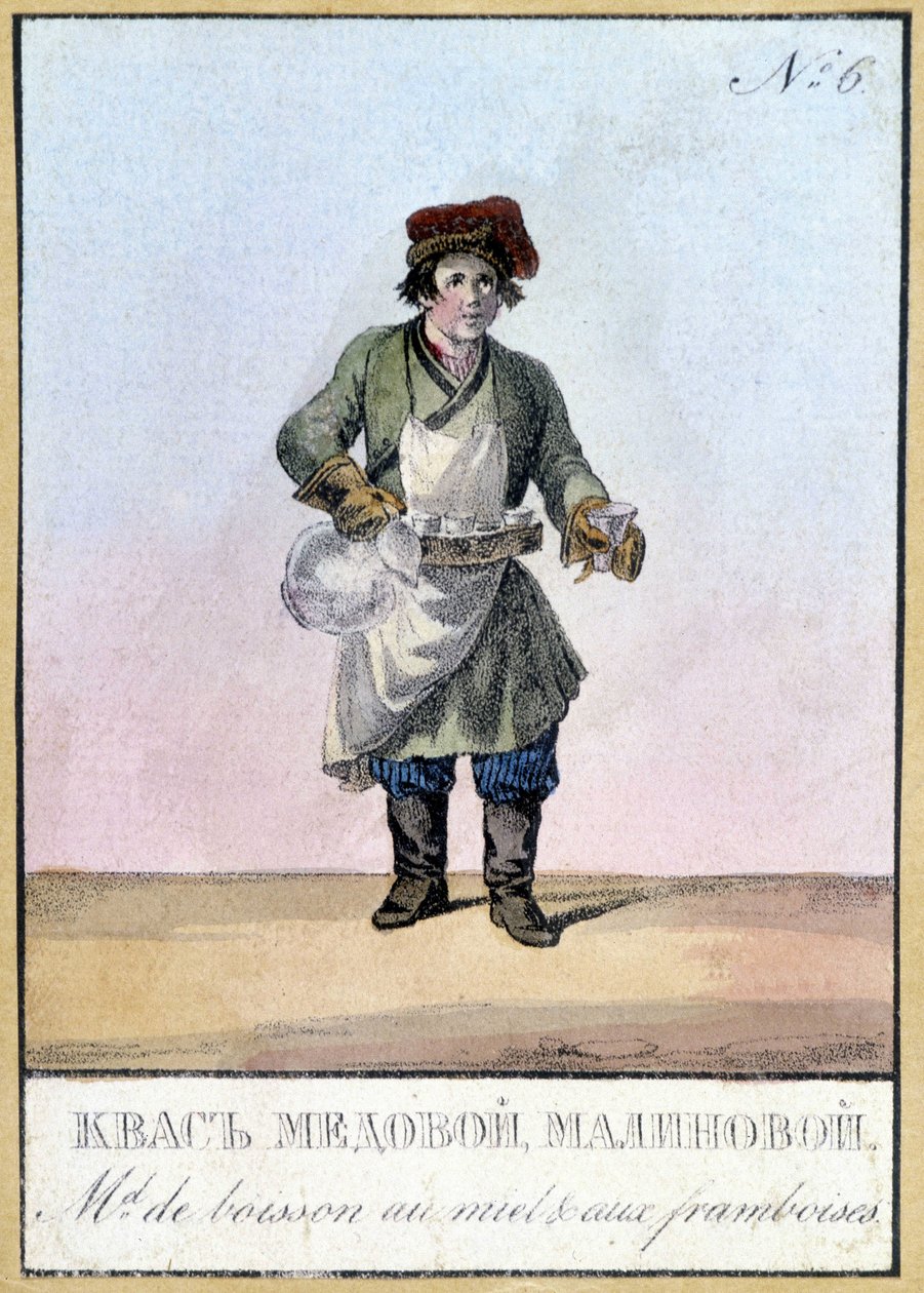 Marchand de boisson au miel et à la framboise en Russie au 19ème siècle. Illustration du 19ème siècle - Unknown artist