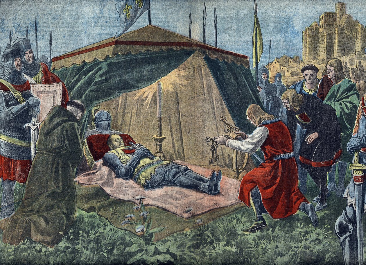 Guerre de Cent Ans : "La mort de Bernard du Guesclin (1320-1380) devant Chateauneuf de Randon le 13/07/1380" - Mort de Duguesclin (lors du siège de Chateauneuf-de-Randon le 13 juillet 1380) - Illustration tirée de "Le pelerin" 7 août 1921 Privé - Unknown Artist