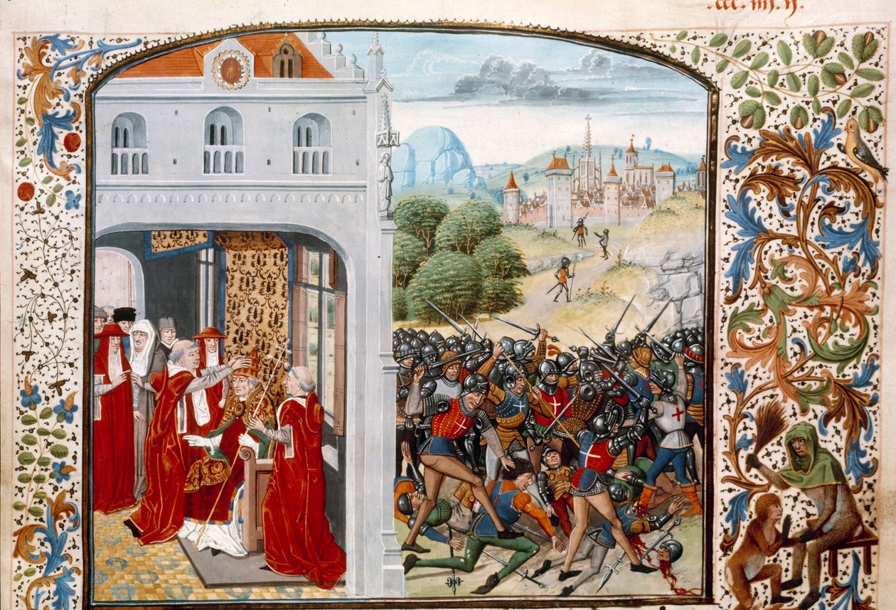 Guerre de Cent Ans : le pape Grégoire XI couronné à Avignon en 1370. La bataille de Pontvallain entre Français et Anglais le 4/12/1370. Miniature des "Chroniques" de Jean Froissart - Unknown artist