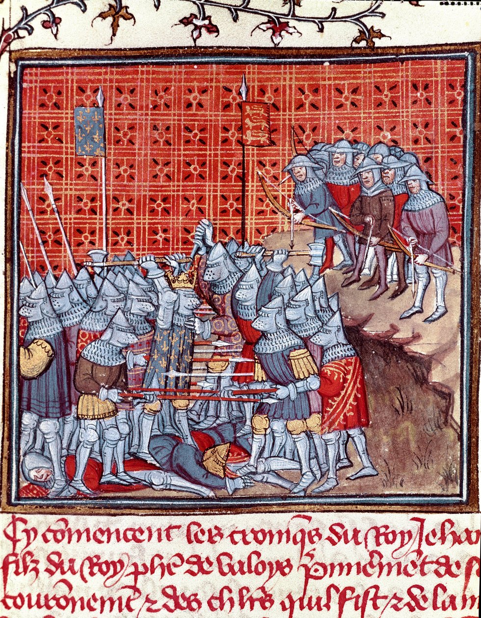 Guerre de Cent Ans : "le roi de France Jean II le Bon (1319-1364) pendant une bataille". Miniature tirée de "Les grandes Chroniques de France" de Jean Froissart (1337-1400) 14ème siècle Chantilly, Musée Condé - Unknown artist