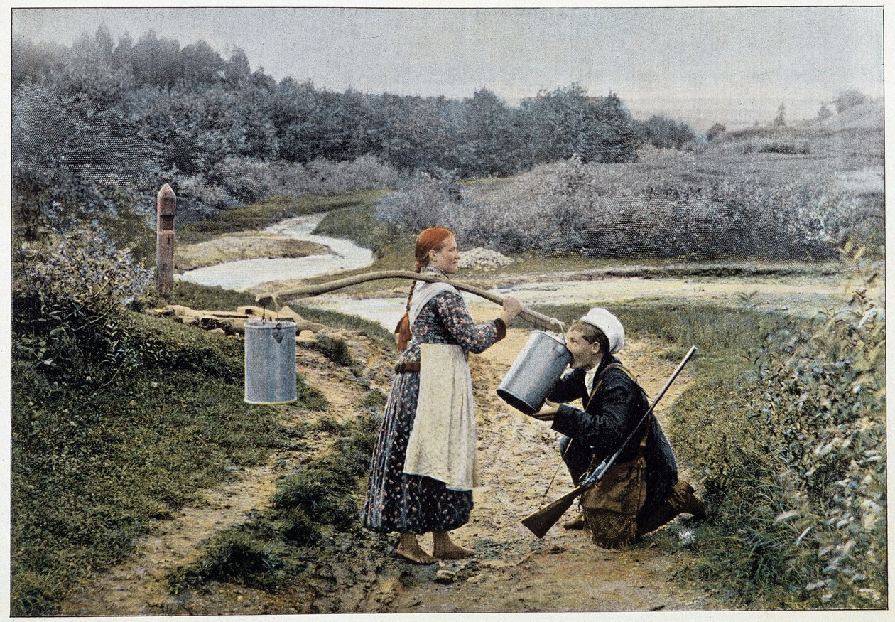 Chasseur et fille à la fontaine (Russie) - photographie, fin 19ème siècle - Unknown artist