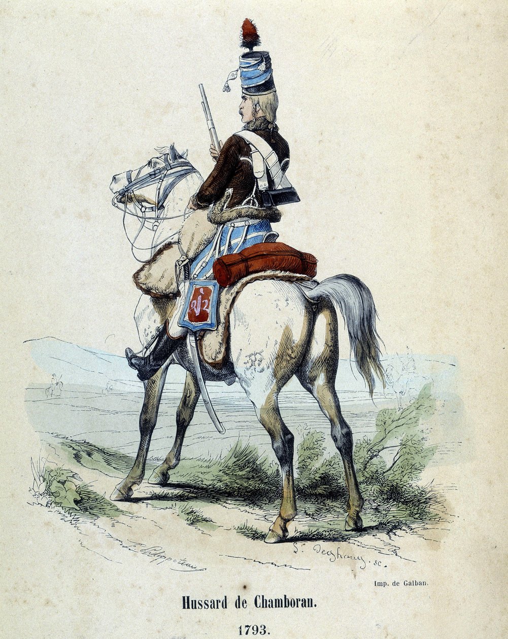 Hussard de Chamboran en 1793 à cheval - Unknown artist