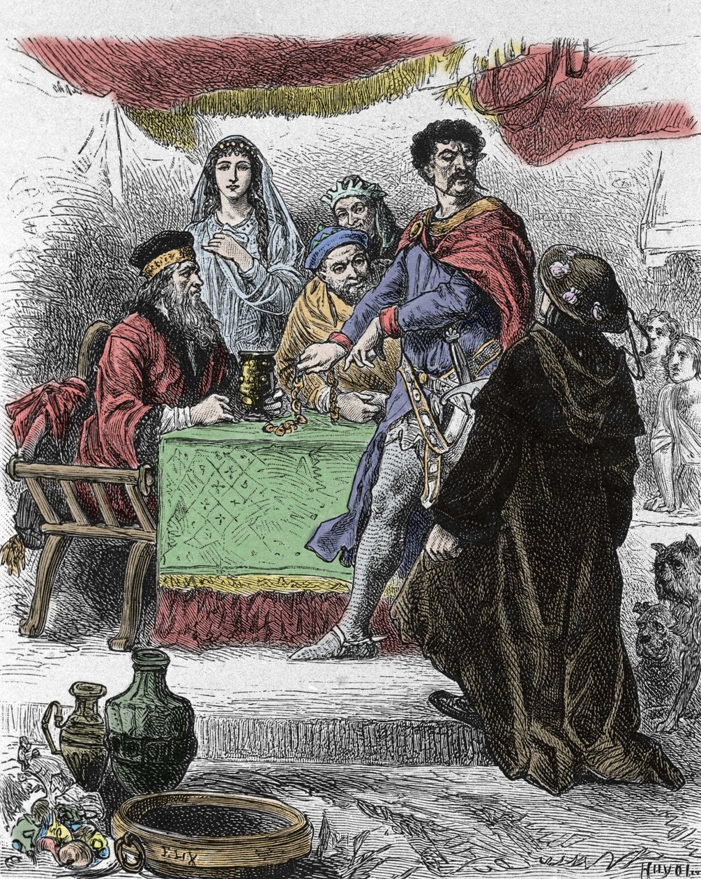 Illustration pour « Ivanhoé » de Walter Scott (1771-1832), écrivain écossais : Ivanhoé est défié par le chevalier saxon Brian de Bois Guilbert - Unknown artist