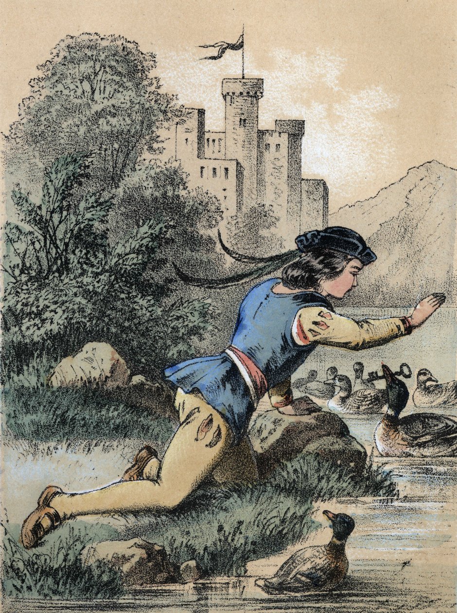 Illustration des contes de Franz Hoffmann « Contes et Fables - Les 3 princes » : Un prince recevant une clé d
