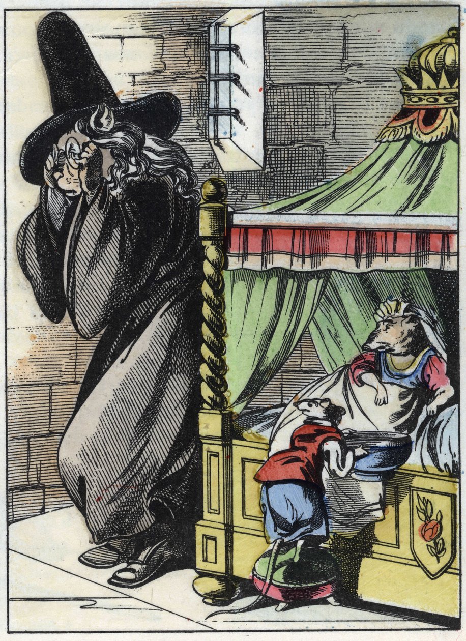 Illustration du conte "Le terrible Raminagrobis et les souris", personnage tiré des fables de Jean de La Fontaine. Dans "Contes de la maison pour les petits". Gravure anonyme du XIXe siècle. - Unknown artist