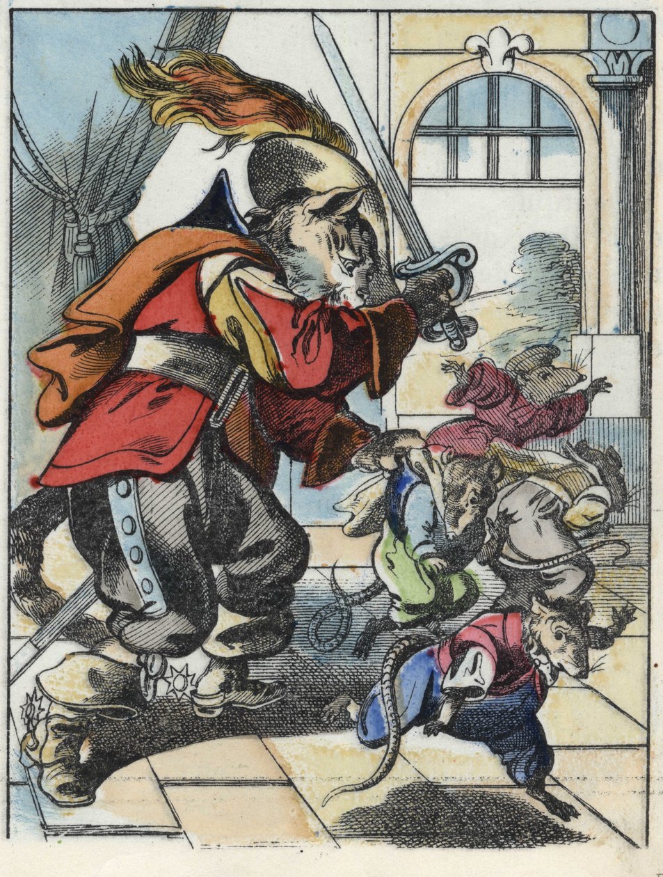 Illustration du conte « Le terrible Raminagrobis et les souris » personnage tiré des fables de Jean de la Fontaine. Dans « Contes de la maison pour les petits ». Gravure anonyme du XIXe siècle - Unknown artist