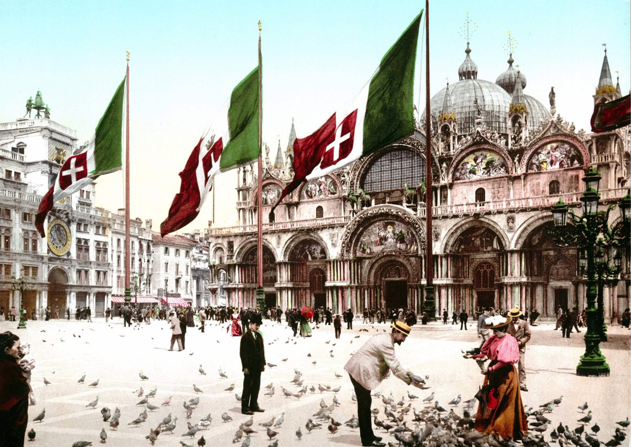 Illustration représentant la place Saint-Marc à Venise. Photochrome de la fin du XIXe siècle. - Unknown artist