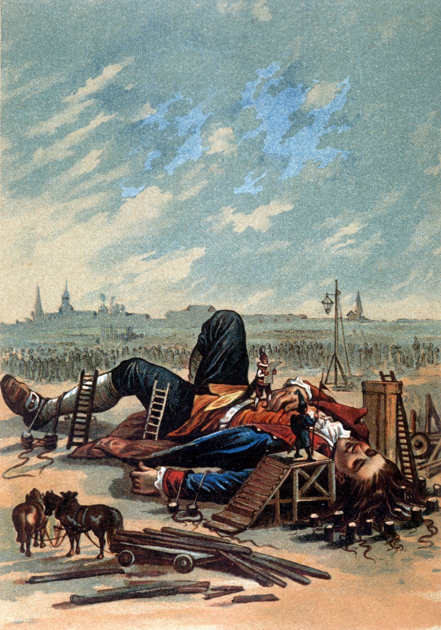 Illustration montrant les Lilliputiens attachant Gulliver. Chromolithographie, sd. Fin du 19ème siècle - Unknown artist