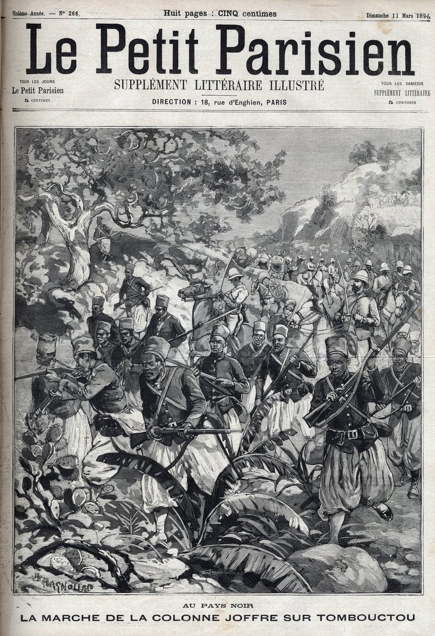 Dans les colonies françaises : la marche de la colonne du général Joseph Joffre (1852-1931) et son armée de spahis sur Tombouctou (Mali). Gravure dans « Le Parisien » - Unknown artist