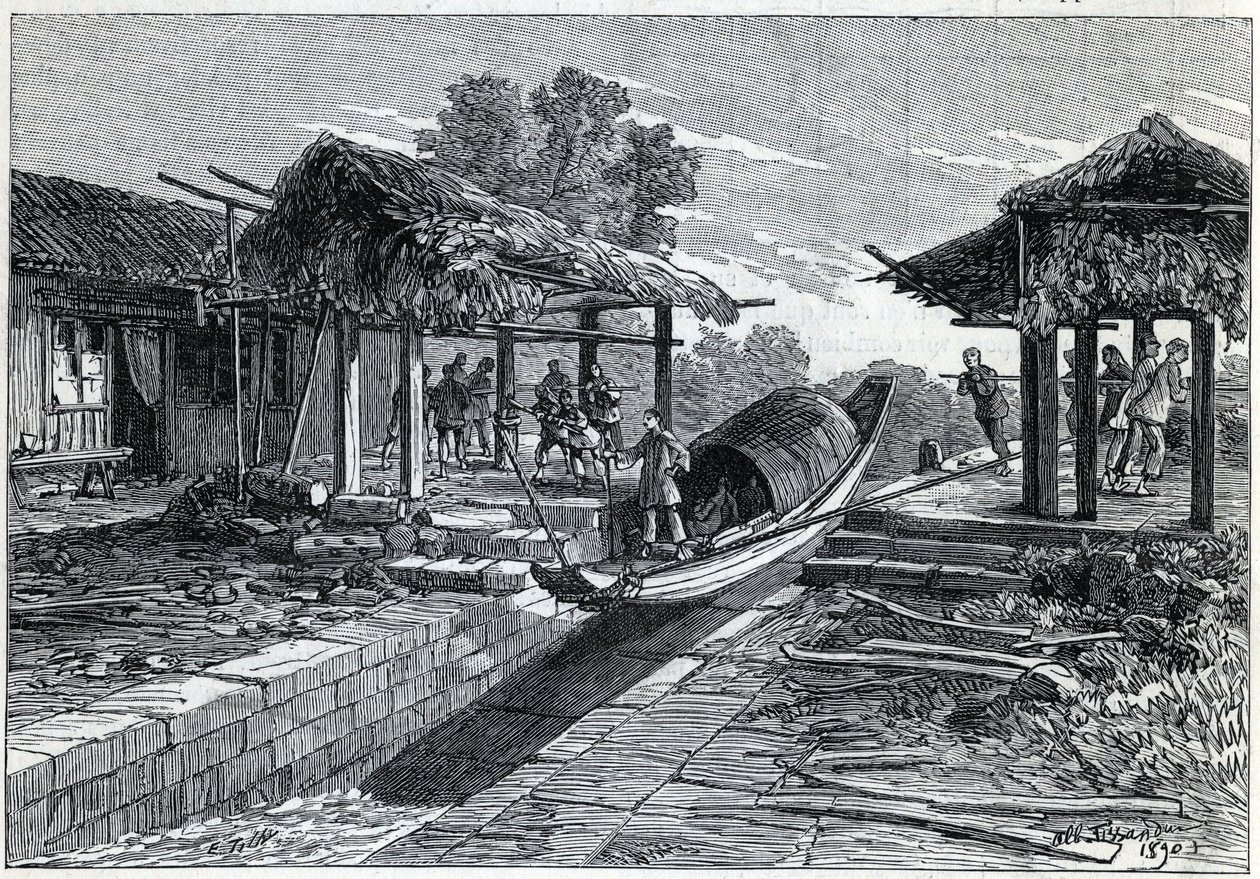 Plan incliné pour bateaux à Ning-Po (ou Ning Po en Chine). Gravure dans « La Nature » - Unknown artist