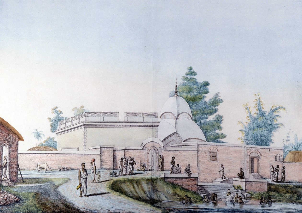 Culture et civilisation indiennes : bain dans le fleuve Hooghly à Calcutta (ou Kolkata), Inde (Gravure de 1808) - Unknown artist