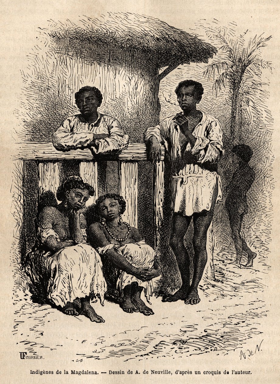 Indigènes de la Magdalena (rivières), dans les rues de la ville de Mompox (Colombie). Gravure pour illustrer le voyage en Nouvelle-Grenade, par le Dr Saffray, en 1869, publié dans « Le tour du monde » 1872, édité par Edouard Charton, édition Hachette - Unknown artist