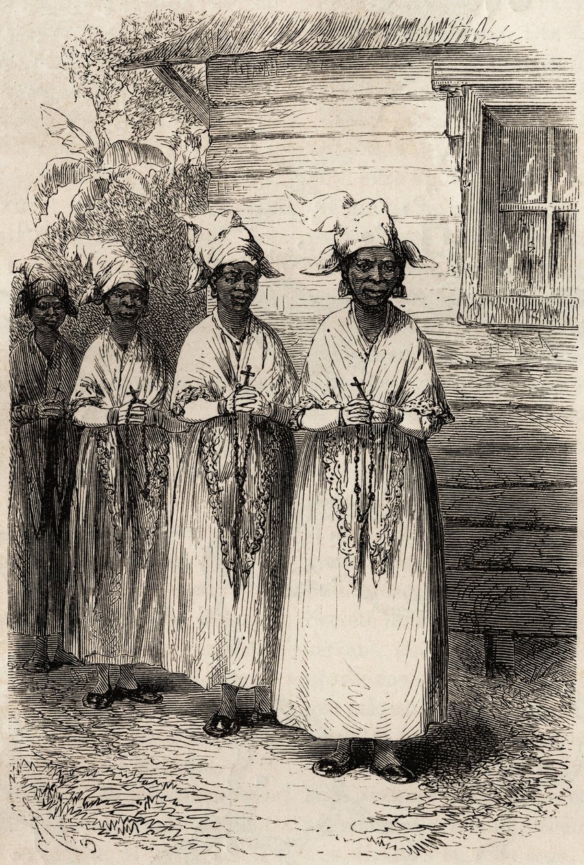Femmes indigènes de Guyane, à la procession catholique de la Fête-Dieu. Gravure pour illustrer le voyage en Guyane française en 1862-1863, par Frédéric Bouyer, capitaine de frégate, dans "Le tour du monde, nouveau journal des voyages", publié sous la dir - Unknown artist