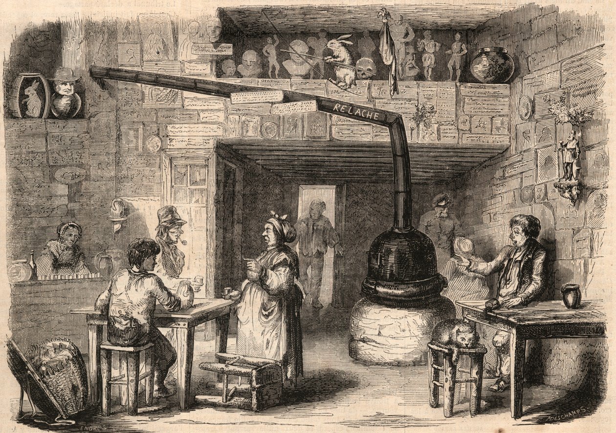 Intérieur du cabaret le Lapin Blanc, rue aux fèves à Paris avant sa démolition. Une taverne datant de la première époque de la monarchie. Gravure dans « Le Monde illustré » de 1862. Collection privée - Unknown artist