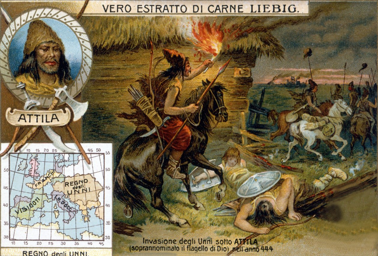 Invasion des Huns sous Attila, surnommé le fléau de Dieu, en 444 - vignette publicitaire Liébig - Unknown artist