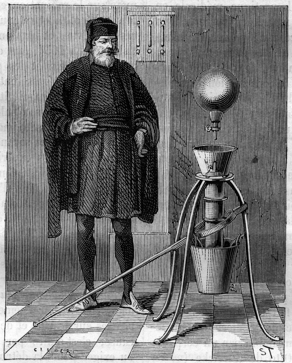 Invention : Machine pneumatique par Otto de Guericke (1602-1686), inventeur allemand. Gravure dans "La Nature" - Unknown artist