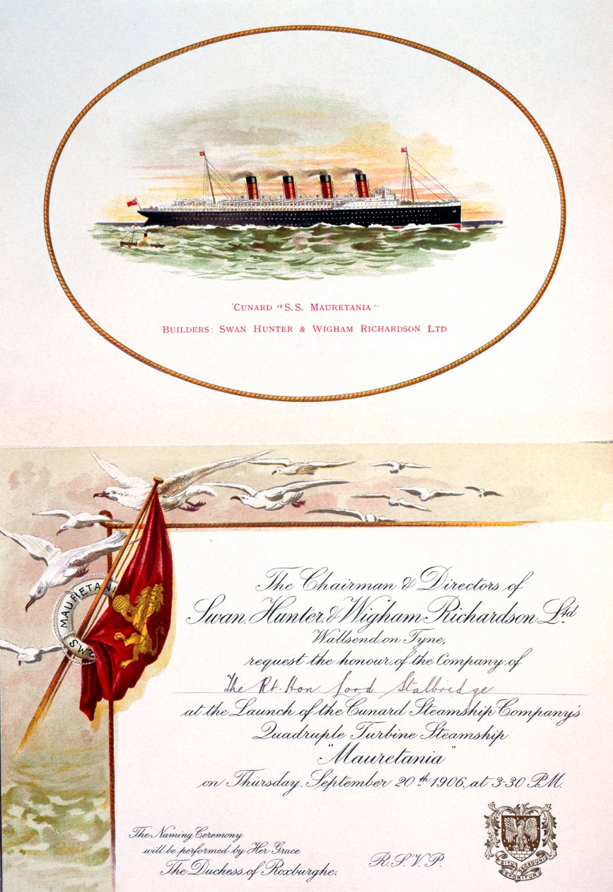 Invitation de Lord Stalbridge à assister au lancement du SS Mauretania, 20 septembre 1906 - Unknown Artist