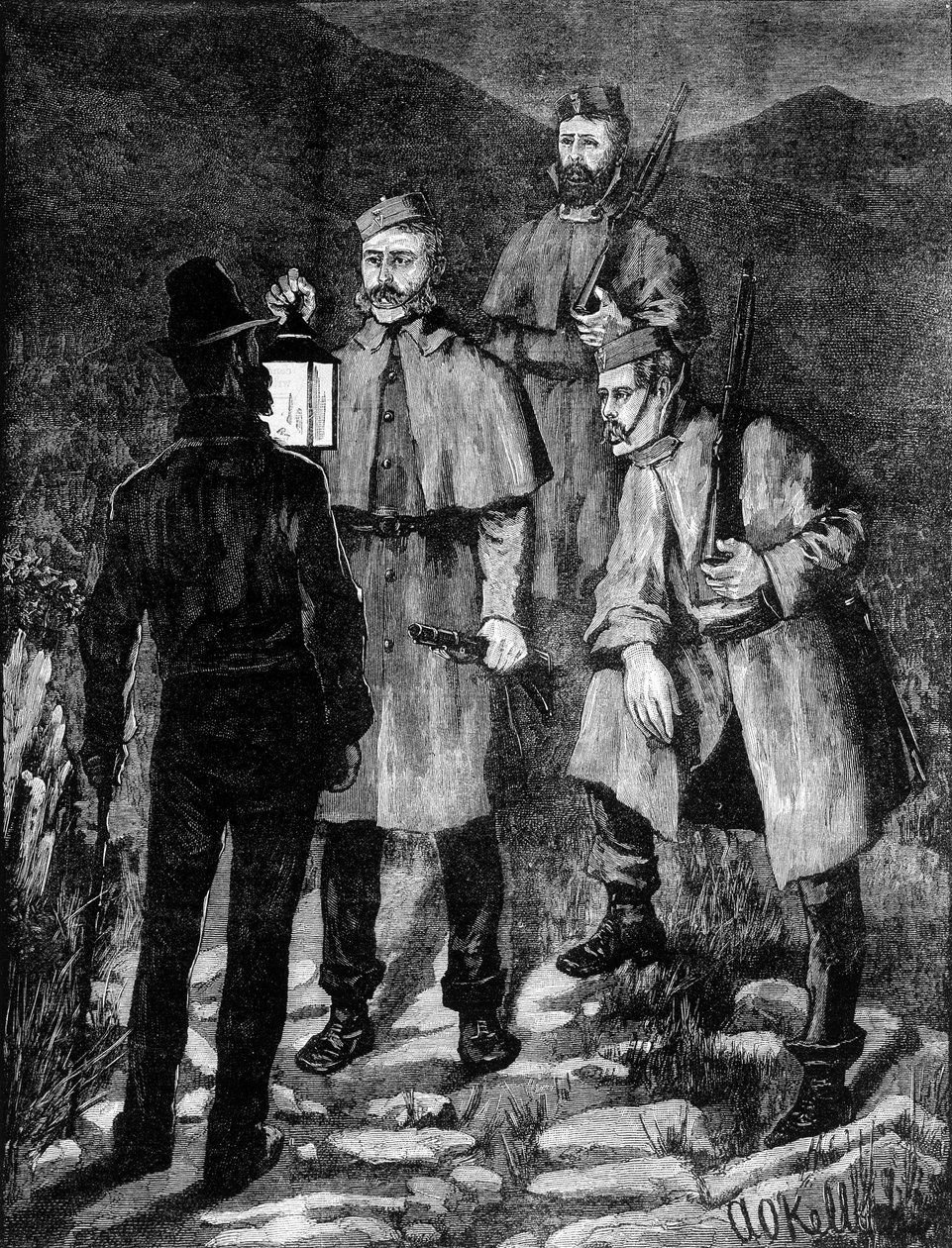Patrouille de police irlandaise contrôlant un suspect (1881) - Unknown artist
