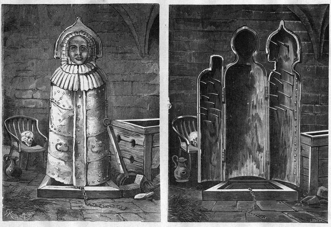 Vierge de fer (instrument de torture) - Vierge de Nuremberg, instrument de torture en forme de sarcophage en fer ou en bois - gravure de 1881 - Unknown artist